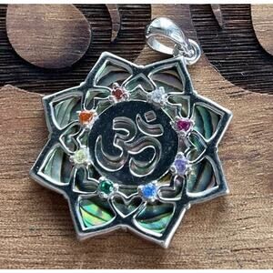 Sterling Silver Om Chakra Pendant 925 Abalone Shell Lotus Yoga Spiritual Jewelry